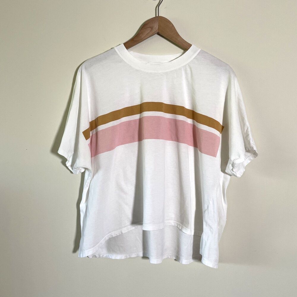 Xirena Women's White Striped Cotton Colorful Beachy Boxy Tee Top Size Small USA